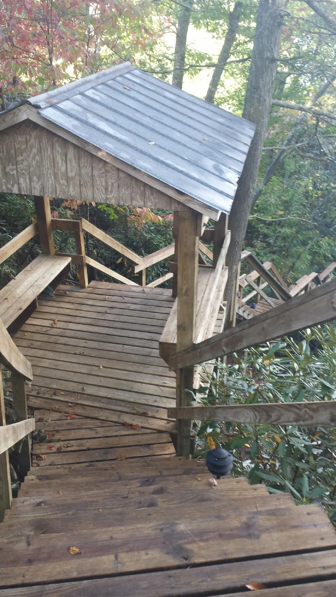 Metal roofed shelter over wooden steps on a wooded walkway — Skylight Repair & Installation work by our crew in Cecil